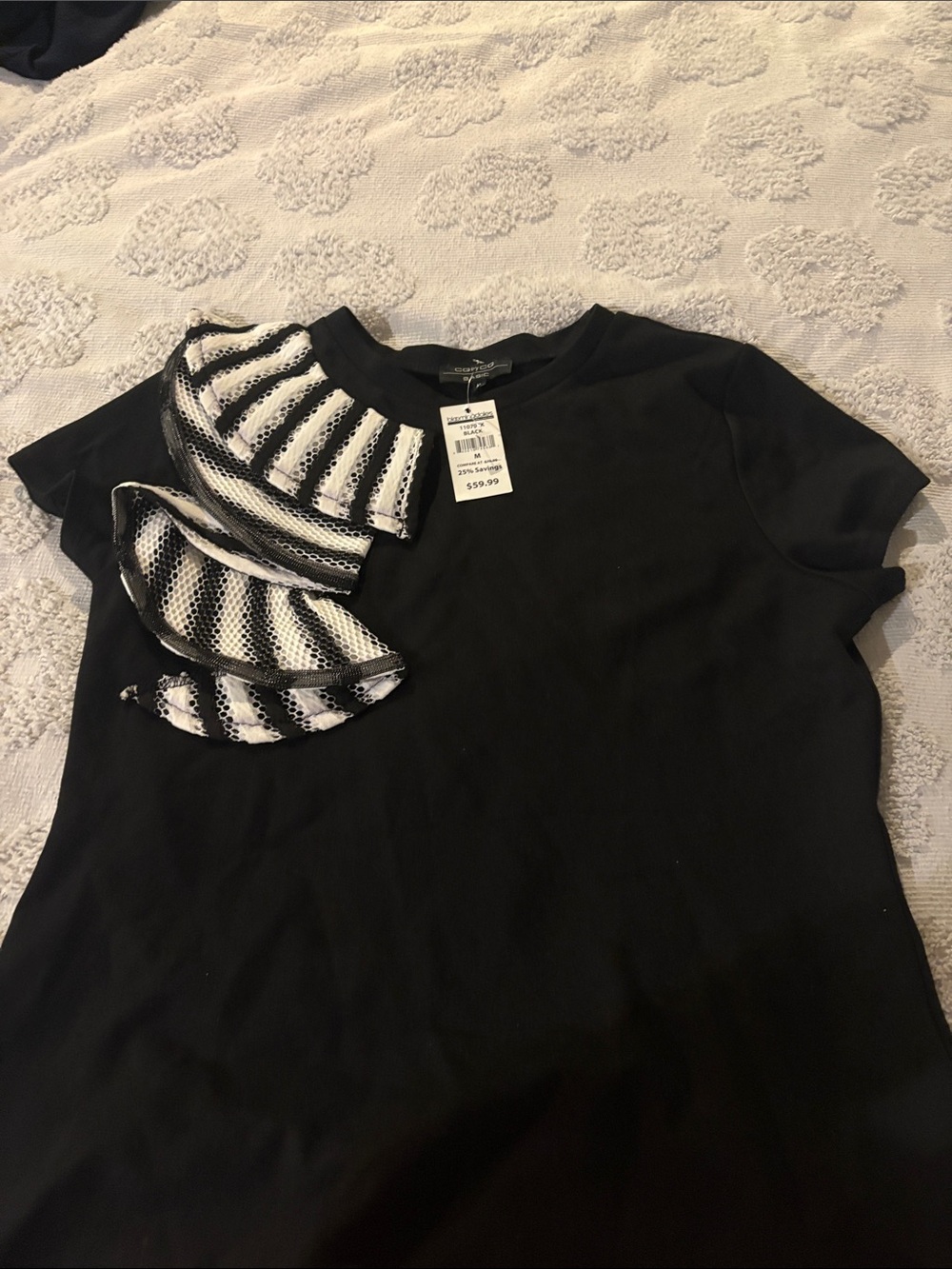 Black Short-Sleeve Tee with Black & White Striped Ruffle Accent